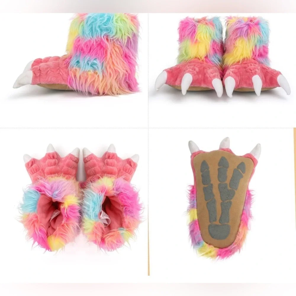 Girls Animal Furry Paw Slippers with Non-Slip Suede